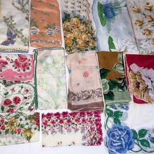 14 Vintage Floral‎ and Patterned Handkerchief Assortment Pink Blue Red Yellow